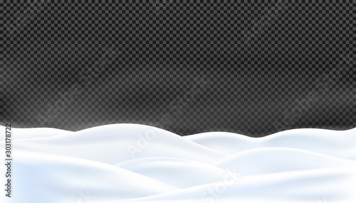 Realistic snow hills a winter landscape isolated on transparency background, a land covered with snowdrifts, picturesque snow background, winter holidays decoration