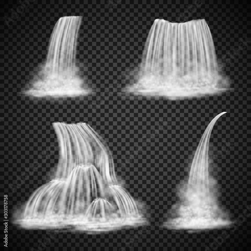 Realistic waterfall vector set isolated on transparency background, various water cascades, naturalistic waterfall design elements, motion blurred waterfall illustrations