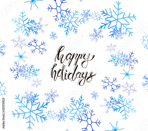 Christmas card with snowflake wreath and festive lettering. Vector set. Can be used for printed materials, prints, posters, cards, logo. Holiday background. Hand drawn decorative winter elements. 