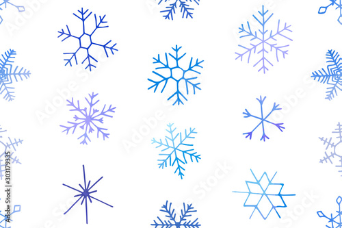 Seamless winter pattern of artistic blue snowflakes with watercolor texture. Stock vector set. For printed materials, prints, posters, cards, logo. Holiday background. Hand drawn decorative elements