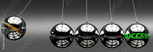 Harmonization and success - the idea that Harmonization helps to achieve success and happiness in business, work and life symbolized by English word Harmonization and a newton cradle, 3d illustration photo