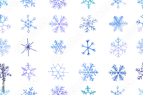 Seamless winter pattern of artistic blue snowflakes with watercolor texture. Stock vector set. For printed materials, prints, posters, cards, logo. Holiday background. Hand drawn decorative elements