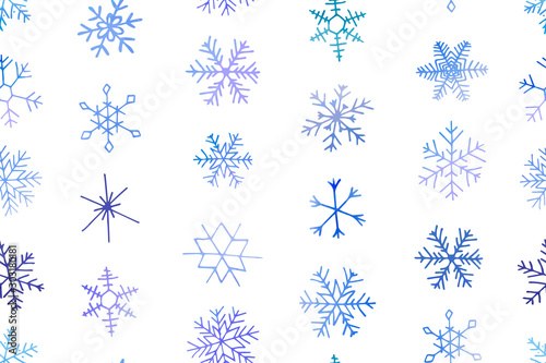 Seamless winter pattern of artistic blue snowflakes with watercolor texture. Stock vector set. For printed materials, prints, posters, cards, logo. Holiday background. Hand drawn decorative elements