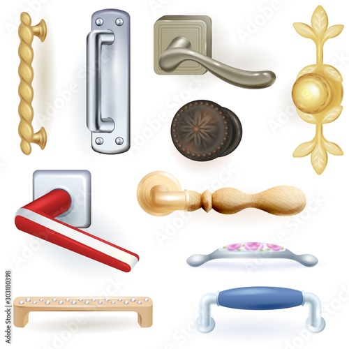 Door handle vector doorknob to lock doors at home and metal door-handle in house interior illustration set of safety entrance door-knob style design isolated on white background