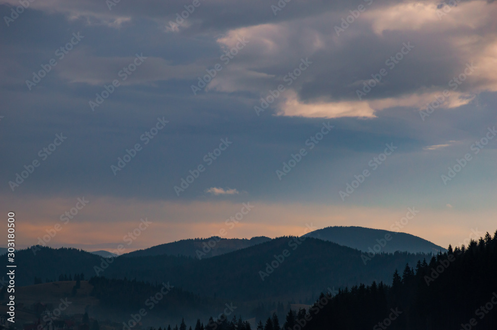 Autumn landscape background in the rain weather with fog Autumn landscape background in the rain weather with fog