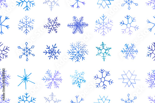 Seamless winter pattern of artistic blue snowflakes with watercolor texture. Stock vector set. For printed materials, prints, posters, cards, logo. Holiday background. Hand drawn decorative elements