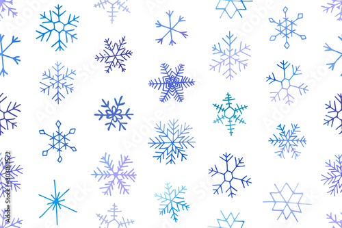 Seamless winter pattern of artistic blue snowflakes with watercolor texture. Stock vector set. For printed materials, prints, posters, cards, logo. Holiday background. Hand drawn decorative elements