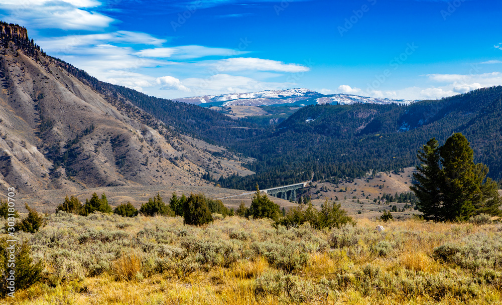 Gardiner river bridge on Grand Loop Road in Yellowstone from a distance