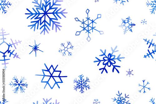 Seamless winter pattern of artistic blue snowflakes with watercolor texture. Stock vector set. For printed materials, prints, posters, cards, logo. Holiday background. Hand drawn decorative elements