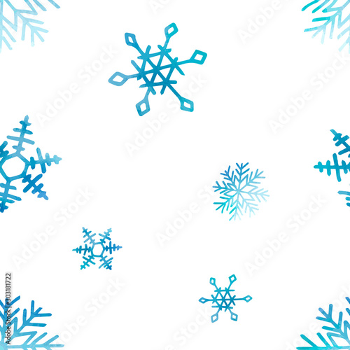 Seamless winter pattern of artistic blue snowflakes with watercolor texture. Stock vector set. For printed materials, prints, posters, cards, logo. Holiday background. Hand drawn decorative elements