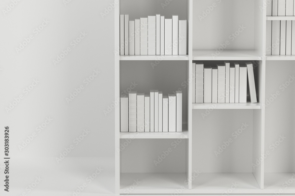Bookshelf with books inside in the empty new house, 3d rendering. Bookshelf with books inside in the empty new house, 3d rendering.