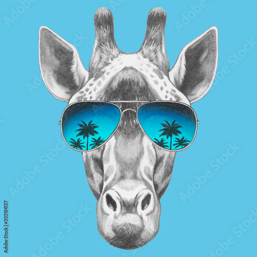 Portrait of Giraffe with sunglasses. Hand-drawn illustration. Vector isolated elements.	
