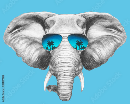 Portrait of Elephant with sunglasses. Hand-drawn illustration. Vector isolated elements.	