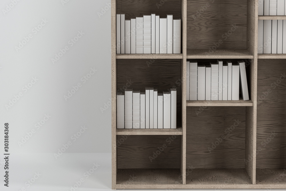 Bookshelf with books inside in the empty new house, 3d rendering. Bookshelf with books inside in the empty new house, 3d rendering.