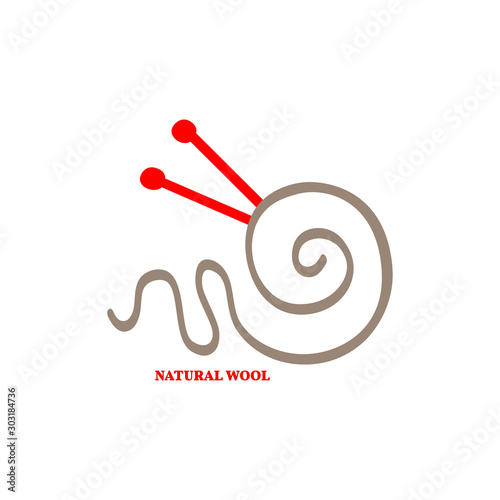 Natural wool and knitting logo. Curved beige thread and red knitting needles. Isolated vector illustration, label element