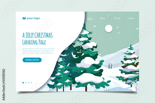 Landing page with snow scene background illustration