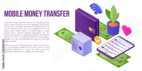Mobile money transfer concept banner. Isometric illustration of mobile money transfer vector concept banner for web design