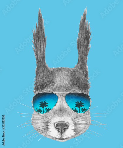 Portrait of Squirrel with sunglasses. Hand-drawn illustration. Vector isolated elements.	