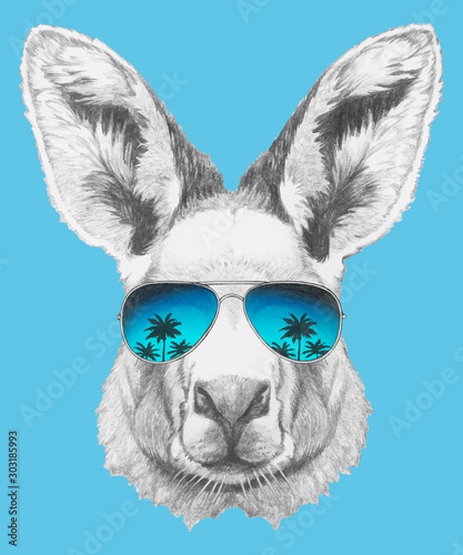 Portrait of Kangaroo with sunglasses. Hand-drawn illustration. Vector isolated elements.	