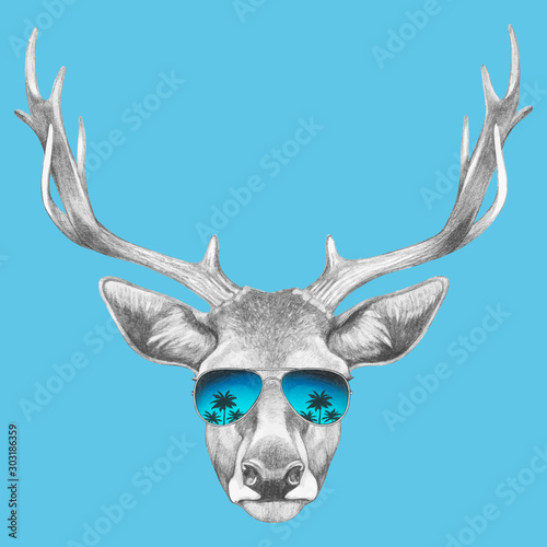 Portrait of Deer with sunglasses. Hand-drawn illustration. Vector isolated elements.	