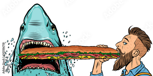 shark and man eating fast food sandwiches. Hunger and street food concept.