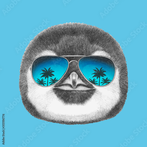 Portrait of Penguin with sunglasses. Hand-drawn illustration. Vector isolated elements.	