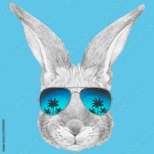 Portrait of Rabbit with sunglasses. Hand-drawn illustration. Vector isolated elements.	
