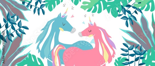 Beautiful cute pink and blue unicorns. couple of unicorns in love. isolated image. eps10