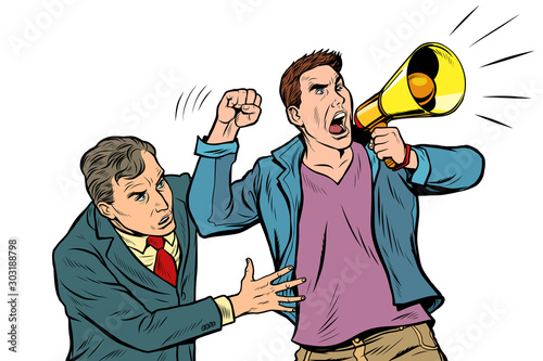 scared man in the street calms a protester with a megaphone