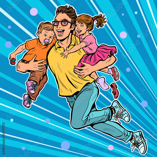 dad superhero flies and carries his daughter and son in his arms. paternity