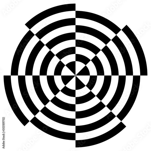 Black and white circular stripes illusive optical art, vector design