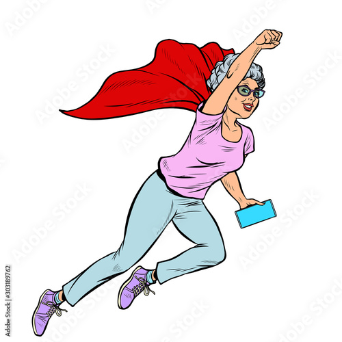 superhero flying active strong Woman grandmother pensioner elderly lady
