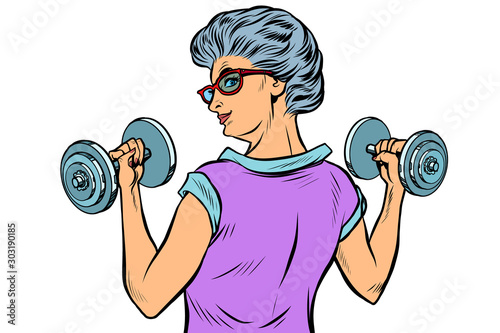 fitness dumbbells sport activity Woman grandmother pensioner elderly lady