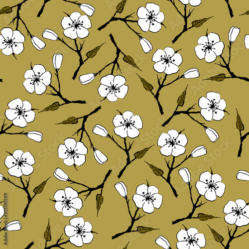 Seamless floral pattern with apricot blossom. Small branches of apricot tree with leaves and flowers.