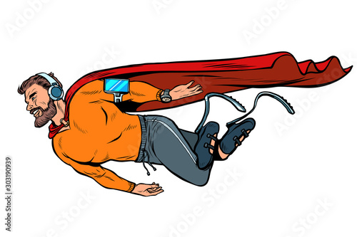 superhero fashion invalid with artificial legs. electronic gadgets