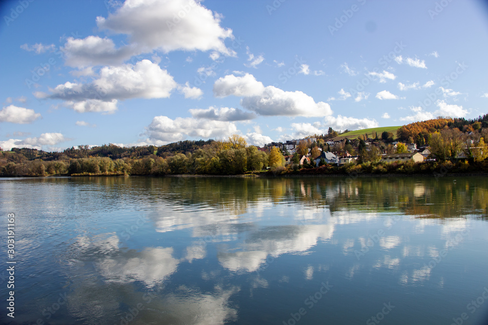 View of a water reflection from clouds on the Danube river at Passau, Germany