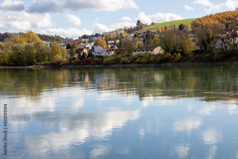 Water reflection of clouds on danube by passau, Germany
