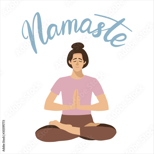 Namaste lettering with female in a lotos yoga pose. Woman practicing yoga hand drawn coloured vector illustation. T shirt, postcard, poster, yoga classes design element.