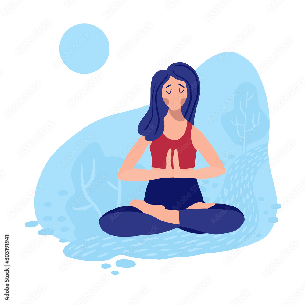 Female ipracticng yoga in a park. Woman in lotos pose hand drawn coloured vector illustation. T shirt, postcard, poster, yoga classes design element.