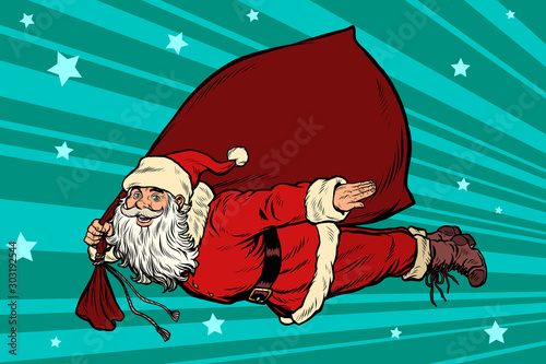 Santa Claus superhero is flying with a bag of gifts