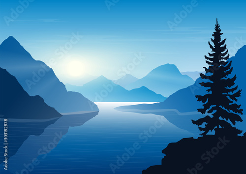 Landscape with  mountains, lake and fir-tree. Mountain river. Morning. Tourism and travelling. Vector  design. Background for web page, internet site