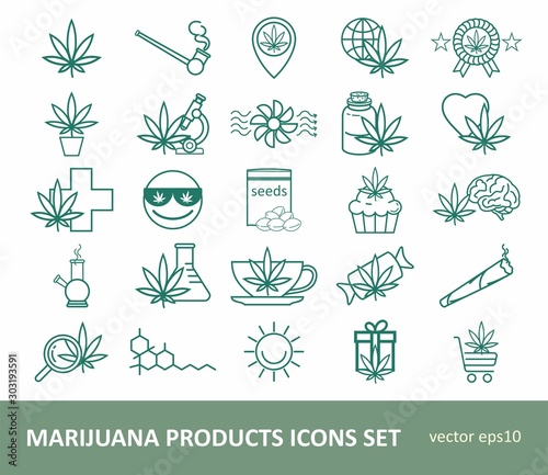 Marijuana Products Icons Set. Cannabis icon set. Cannabidiol linear icons. Pictograms for web page, mobile app, promo.