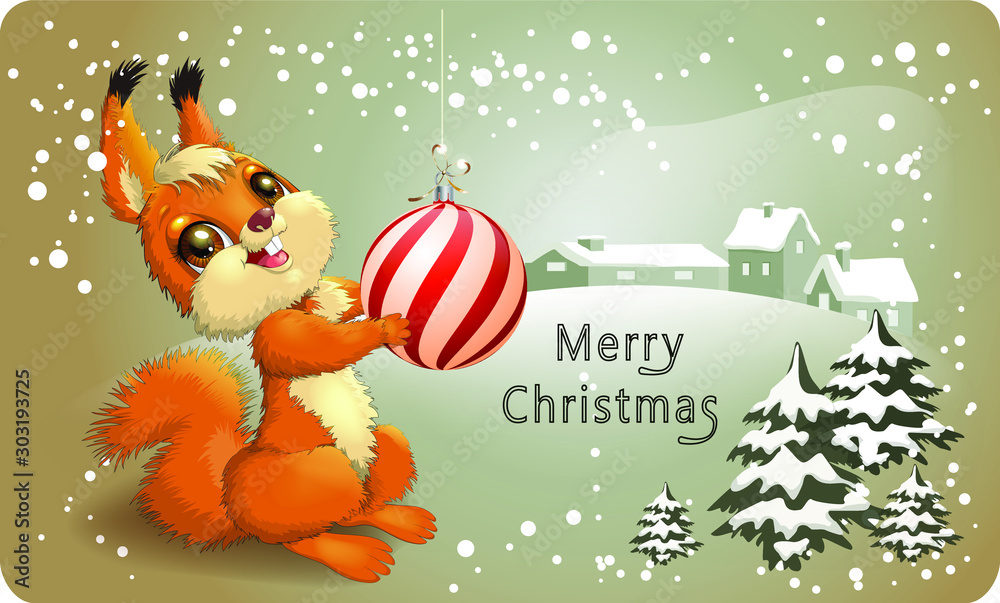 Fototapeta premium Squirrel with a christmas ball in hand and Christmas tree and winter landscape. Isolated vector illustration for postcard. Card with squirrel on Christmas day, Merry Christmas and Happy new year