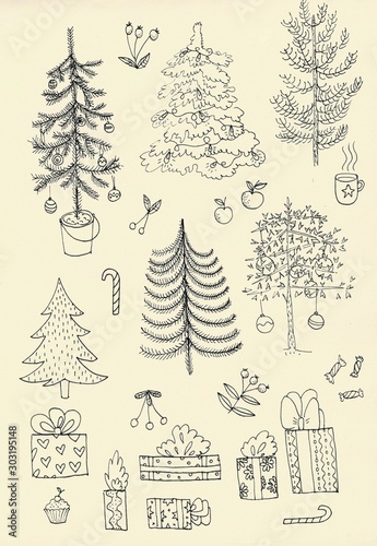 A set of Christmas trees and gifts, line