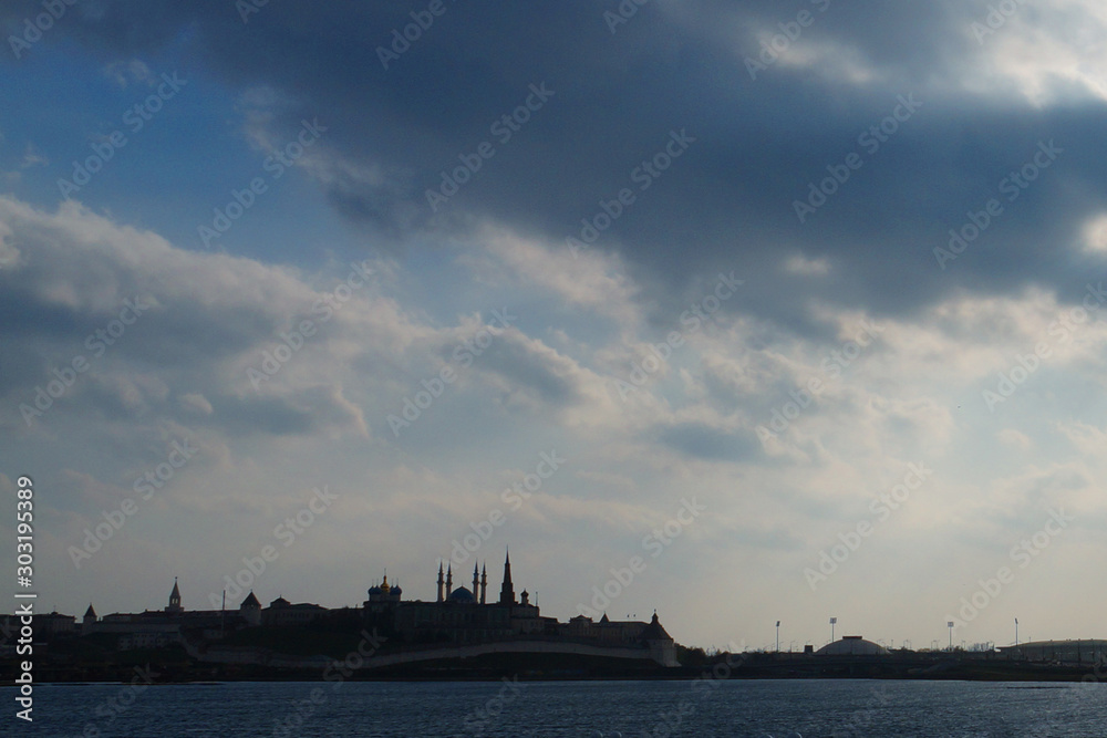 Kazan embankment and the Kremlin on a cloudy day, panorama
