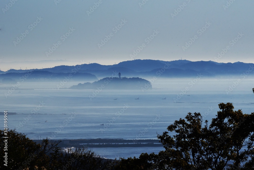A distant view of the Japanese tourist attraction “Enoshima”.