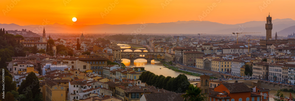 Sunset over the old town of Florence, Italy.
