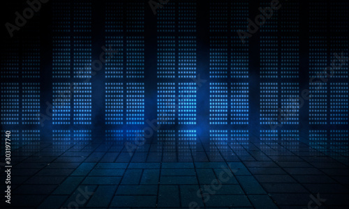 Background of empty stage show. Neon light and laser show. Laser futuristic shapes on a dark background. Abstract dark background with neon glow