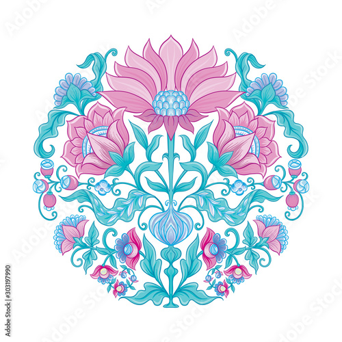 Tradition mughal motif, fantasy flowers in retro, vintage style. Element for design. Vector illustration. Isolated on white background..