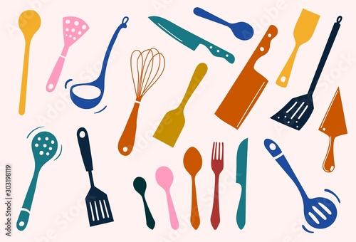 Colorful sets of silhouette kitchen tools: spade, ladle, knife, spoon, fork, spatula, knead, icon for cooking and dinning, create by vector